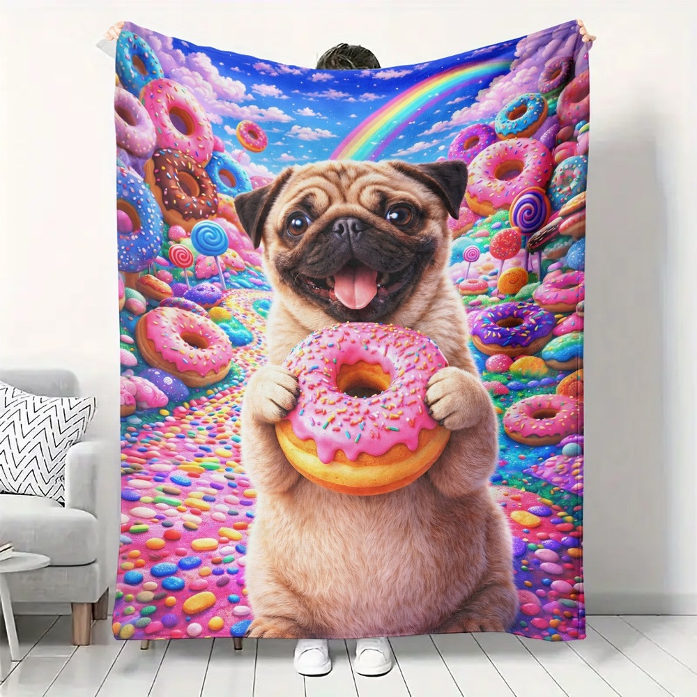 Cute Pug Holding Pink Sprinkle Donut Throw